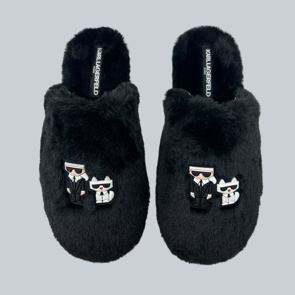Karl Lagerfeld Womens Black Faux Fur Slippers Size 10 - Picture 4 of 6